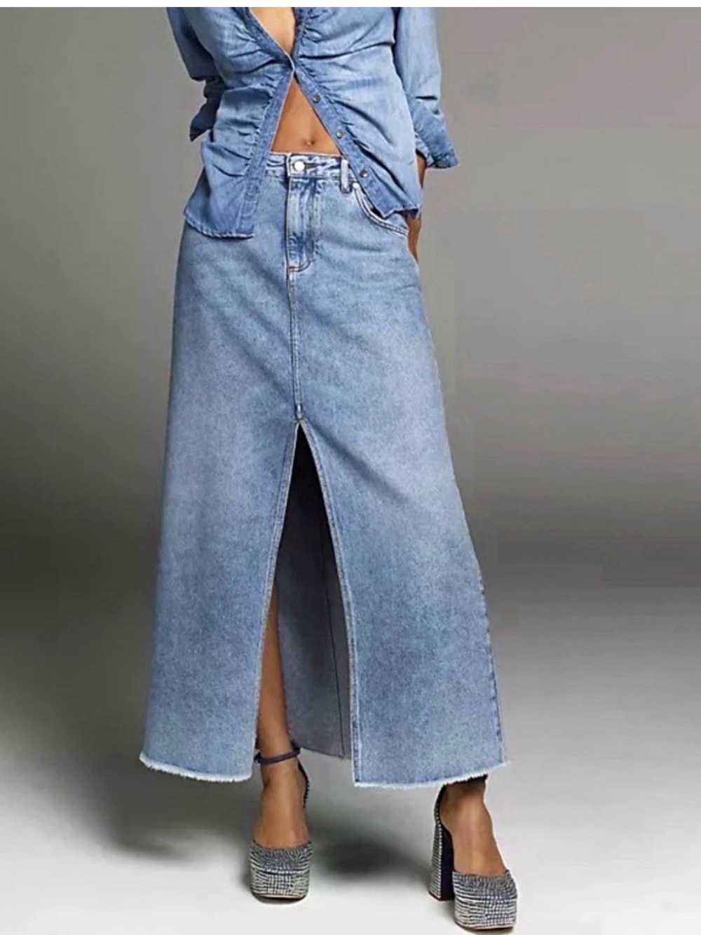 Anthropologie Pilcro Maxi Denim Skirt Madi Front Slit Denim Skirt 8
